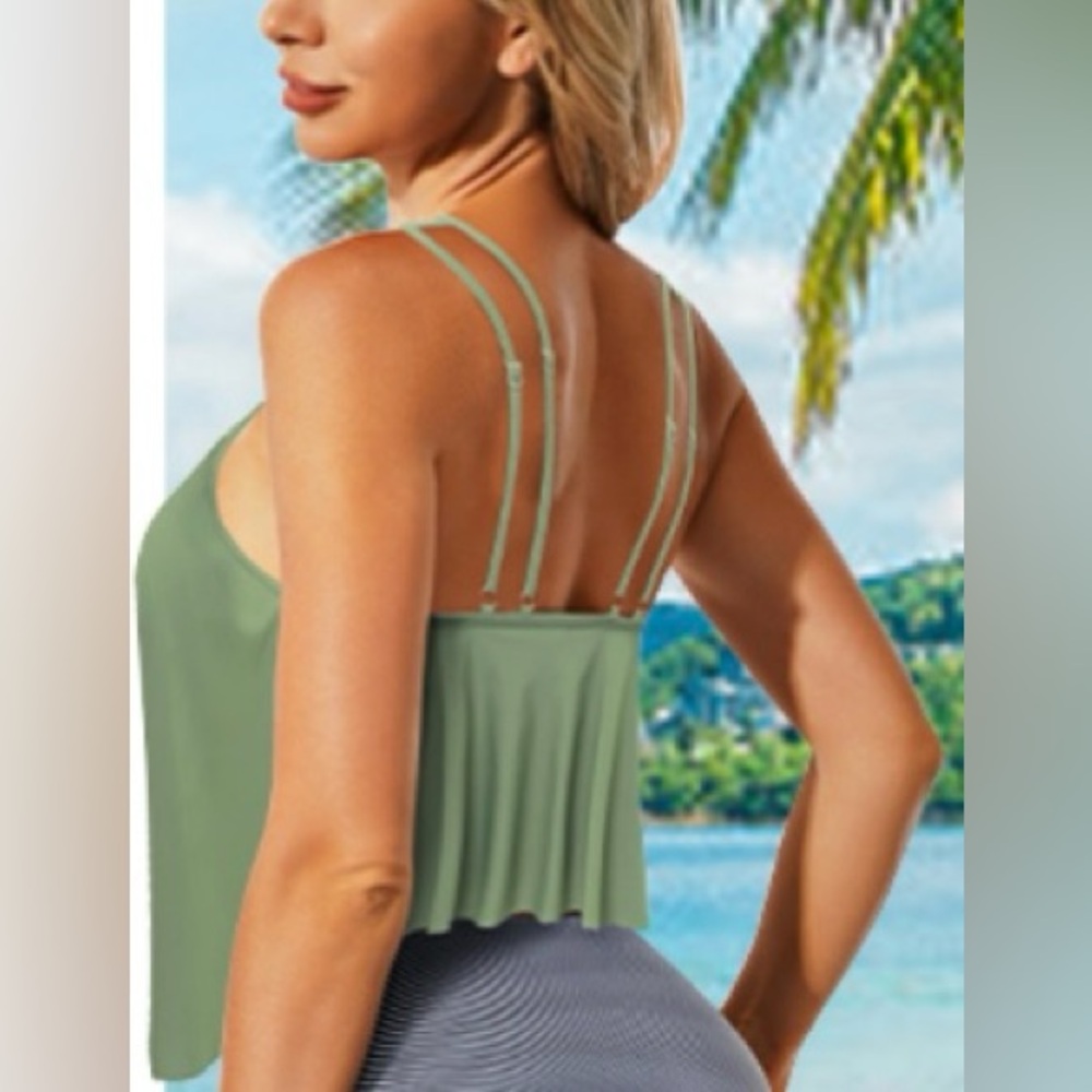 Olive Green Flared Tankini Top Size M - Picture 2 of 5